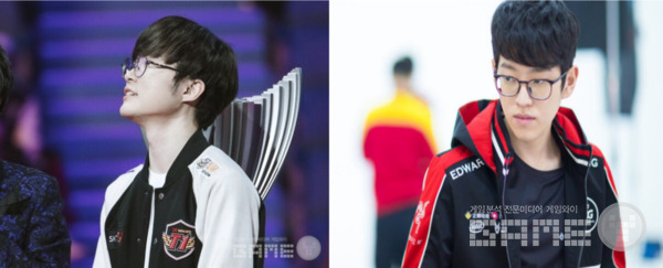 (왼쪽부터) T1 '페이커' 이상혁, EDG '스카웃' 이예찬