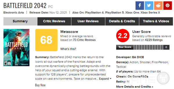 저조한 점수의 배틀필드 2042, 사진 = 메타크리틱