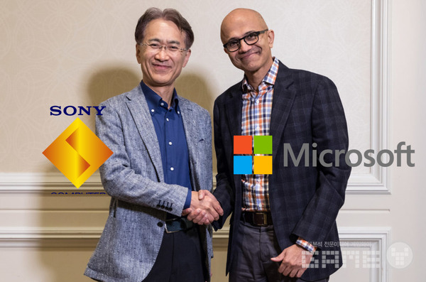 요시다 켄이치로(Yoshida Kenichiro) 소니 사장 겸 CEO(왼쪽)와 사티아 나델라(Satya Nadella) 마이크로소프트 CEO, 사진=news.microsoft.com, 제작=게임와이 