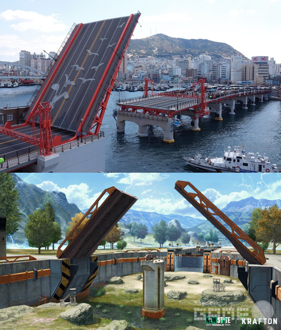 (상)영도다리(출처: 위키백과), (하)배그 뉴스테이트 언더브릿지(크래프톤 제공)