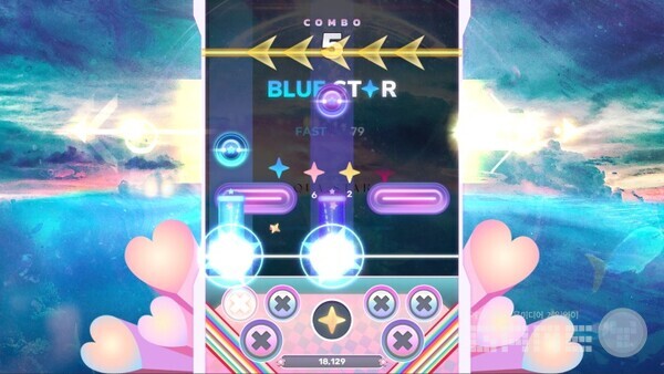 새로운 조작 체계 ‘시프트 노츠(이미지 내 노란색 라인)’. 라인에 표시된 화살표 방향에 따라 아날로그 스틱을 좌/우로 조작한다.