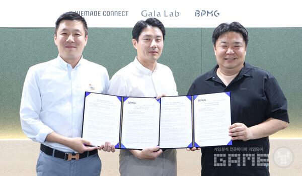 좌측부터 위메이드커넥트 이호대 대표, 갈라랩 김현수 대표, 비피엠지 차지훈 대표