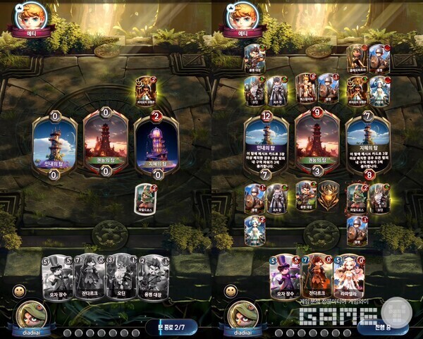 카드가 가진 능력과 점수를 확인해, 2개의 지역에서 점수가 높으면 승리하게 된다 / 게임와이 촬영 