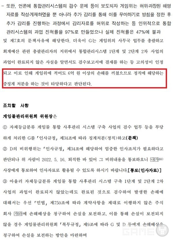 감사원의 게임위 보고서 내용 중 일부 / 출처 감사원
