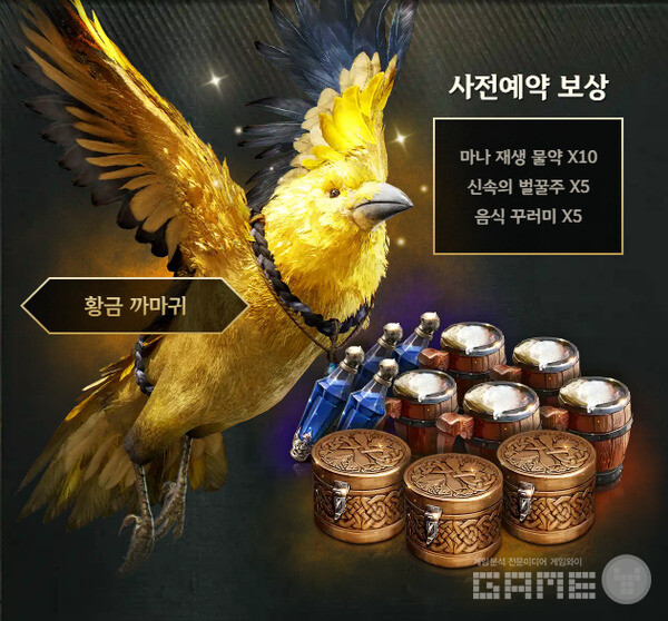 위메이드 레전드 오브 이미르 사전예약 보상으로는 황금 까마귀와 마나 재생 물약X10, 신속의 벌꿀 주X5, 음식 꾸러미X5가 지급된다. 