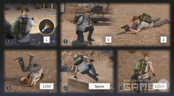 전등 비추기, 쪼그려 쏴, 엎드려 쏴, 구르기, 뛰어넘기 등 익히기 쉬운 키들. 다키스트데이즈 /게임와이 촬영