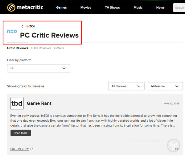 인조이 메타 크리틱 리뷰.