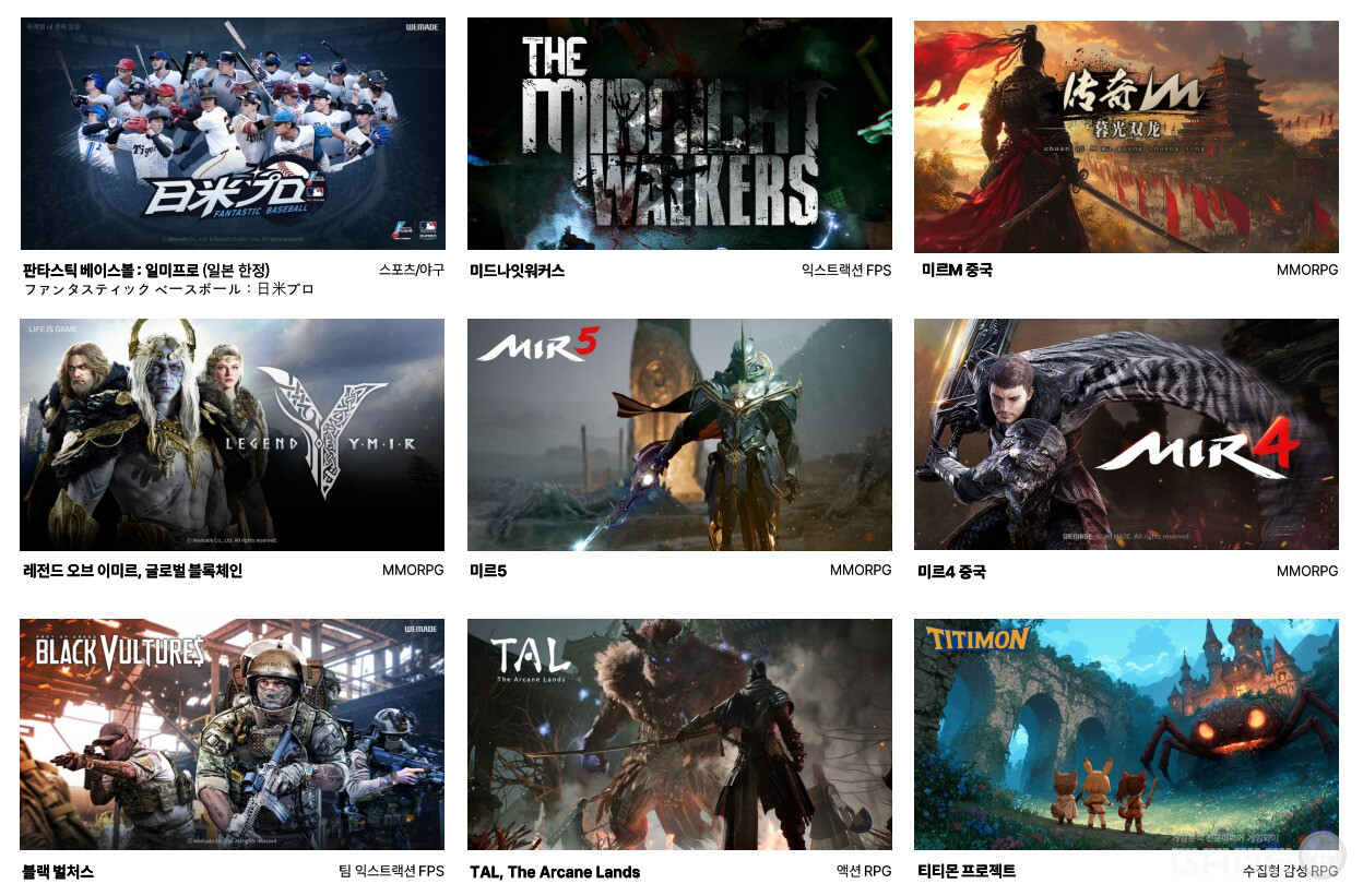 위메이드 라인업. 클릭시 팝업