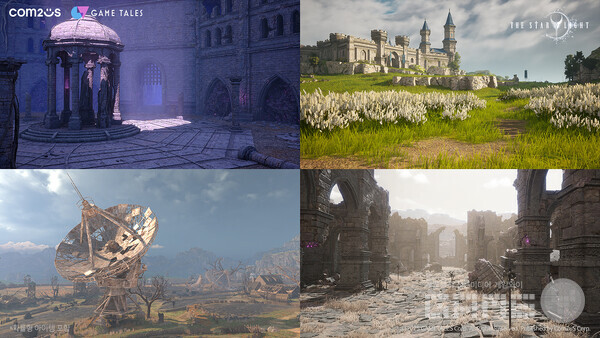 왼쪽 상단부터 시계방향으로 ‘버려진 기지 내부’, ‘영광의 섬’, ‘잃어버린 안식처’, ‘슬픔의 눈물이 흐르는 땅’ /컴투스