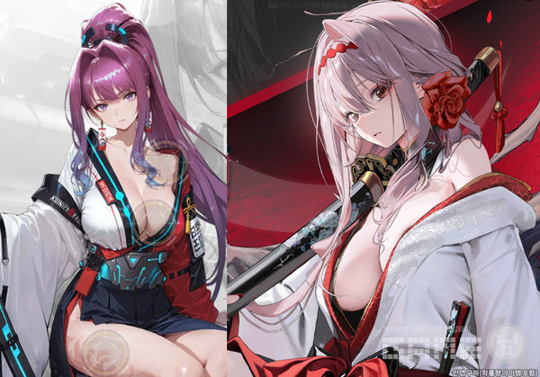 특히 '신대율(神代律)' 캐릭터는 니케의 '홍련: 암영'과 비슷한 모습을 보인다고 했다. (좌)욕랑강림 신대율 , (우)니케 홍련: 흑영