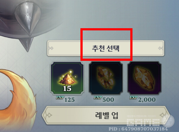 초반에는 레벨업도, 성물 강화도 추천 선택으로