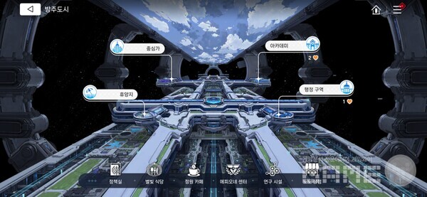 방주도시 메인에는 중심가, 아카데미, 휴양지, 행정구역 등의 장소가 존재한다. 카제나 /게임와이 촬영