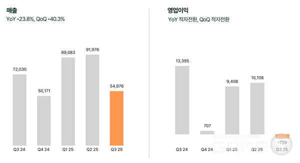 101억 원이던 영업이익은 7억 원 손실로 돌아섰다. 단 한 분기 만에 회사 실적이 반토막 난 셈이다.