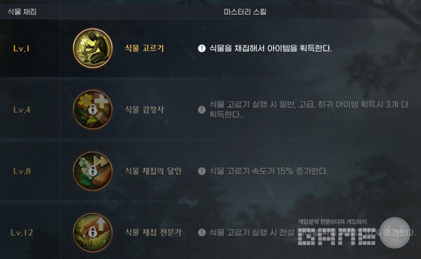 식물채집 12레벨이 되면 식물 채집 전문가가 된다. 식물 고르기 실행 시 전설 아이템 확률이 10% 증가한다. 