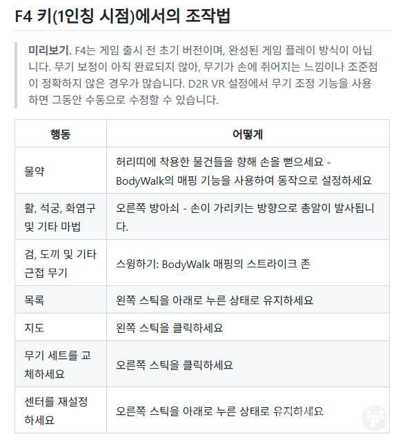 디아블로2 VR모드 1인칭 시점에서의 조작법